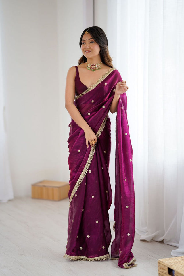Wine Sequin Satin Saree (ACB1532)