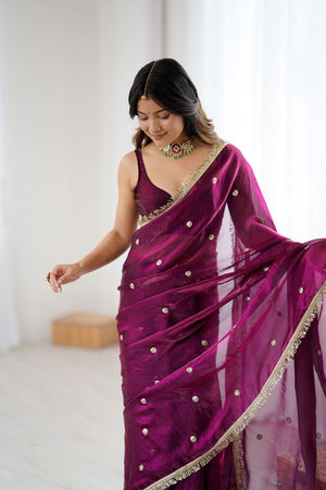Wine Sequin Satin Saree (ACB1532)