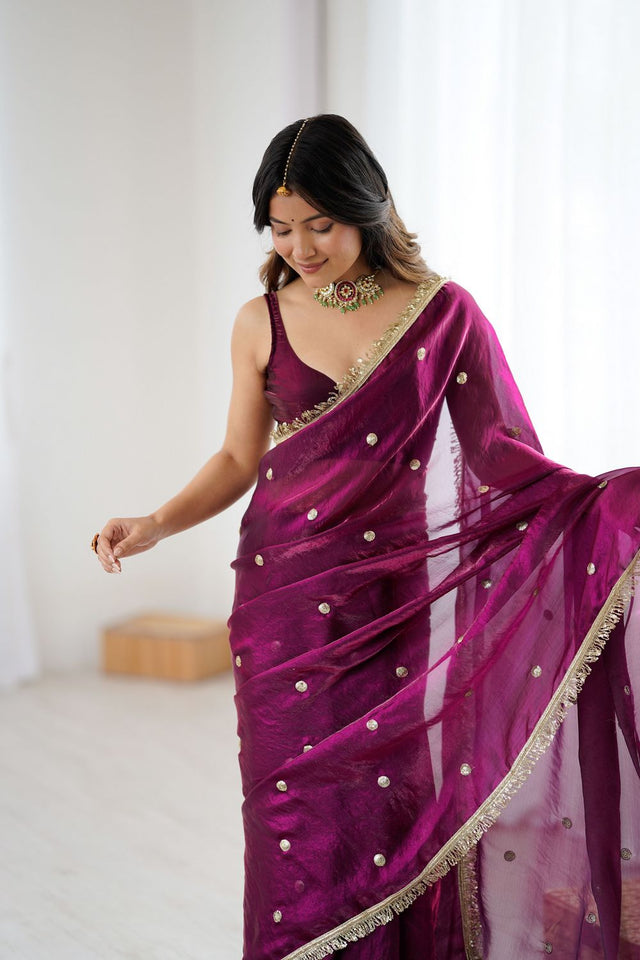 Wine Sequin Satin Saree (ACB1532)