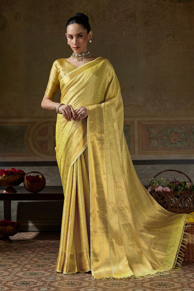 Yellow Zari Woven Kanjivaram Silk Saree (ACB1539)