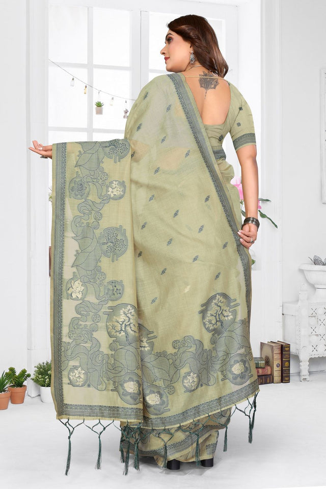 Green Woven Cotton Saree (ACB1540)