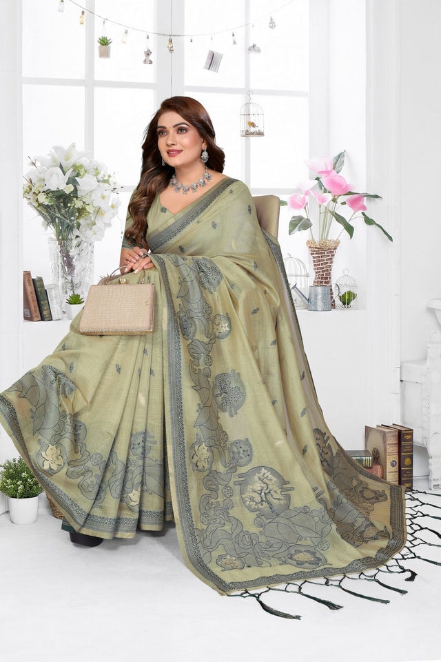 Green Woven Cotton Saree (ACB1540)
