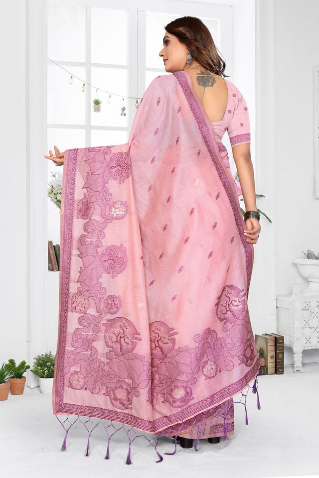 Pink Woven Cotton Saree (ACB1542)