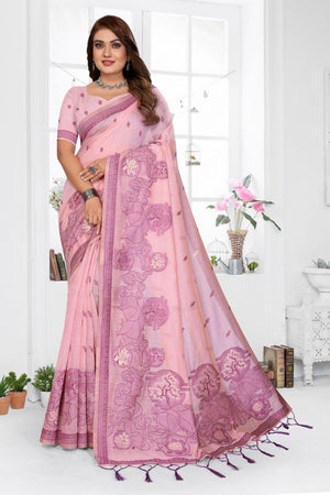 Pink Woven Cotton Saree (ACB1542)