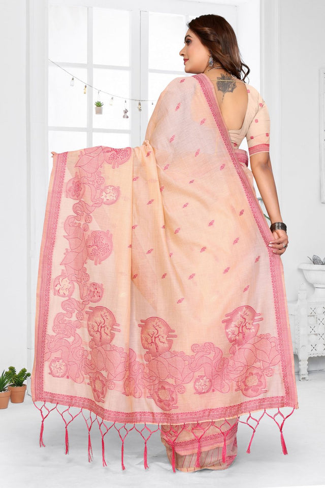 Peach Woven Cotton Saree (ACB1543)