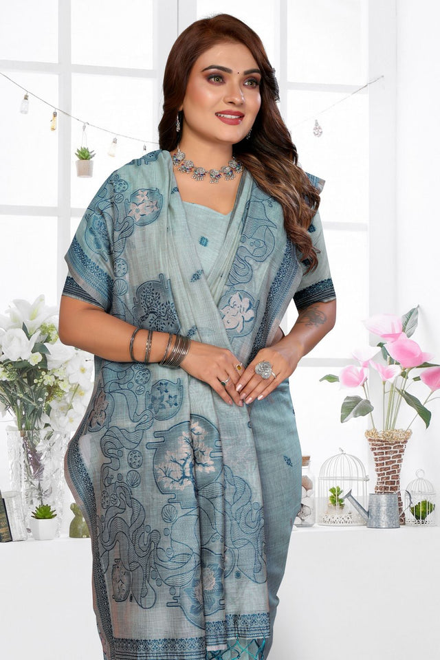 Blue Woven Cotton Saree (ACB1544)