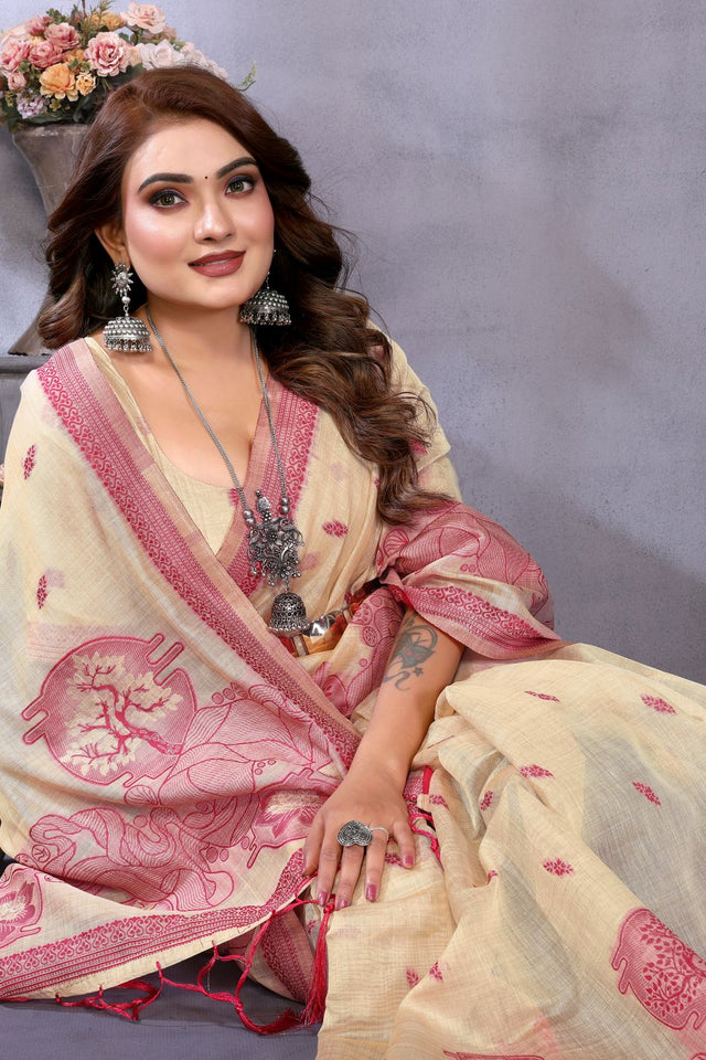 Cream Woven Cotton Saree (ACB1545)