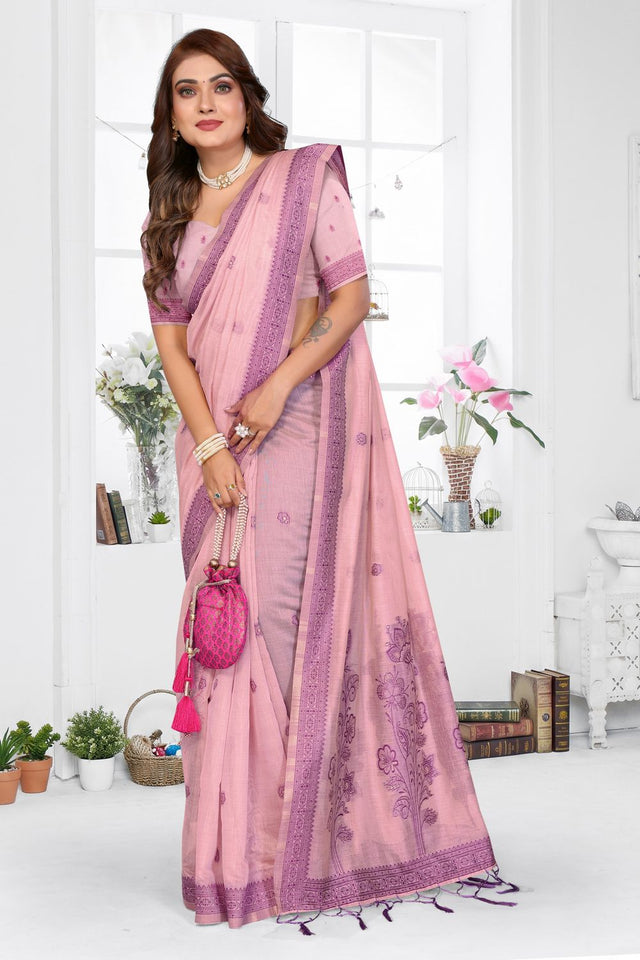 Pink Woven Cotton Saree (ACB1546)