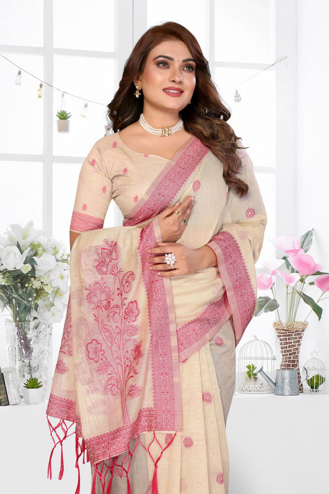 Cream Woven Cotton Saree (ACB1547)