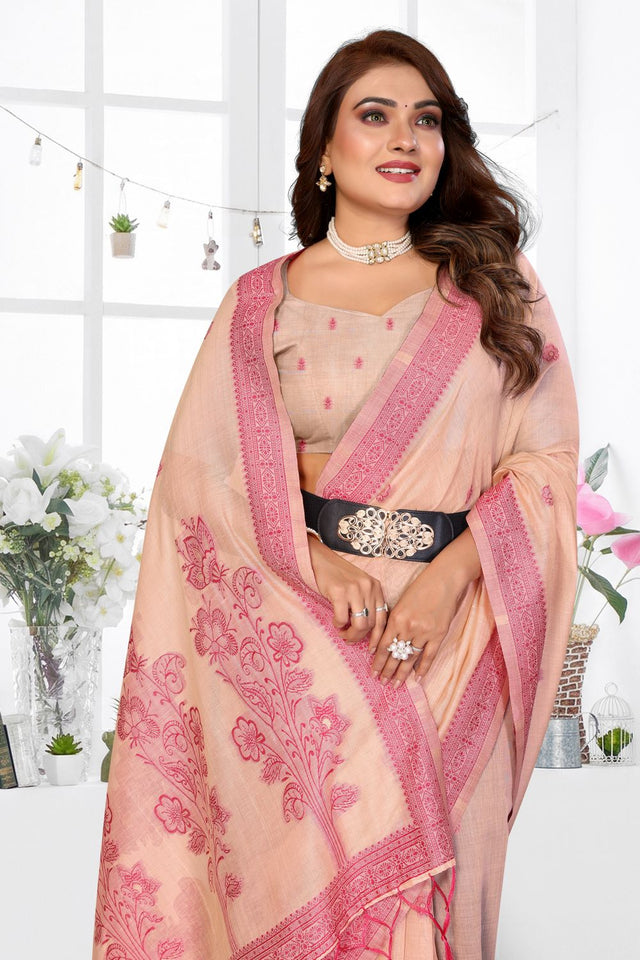 Peach Woven Cotton Saree (ACB1548)
