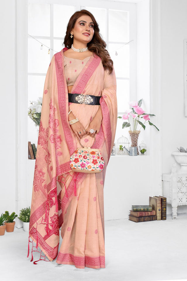 Peach Woven Cotton Saree (ACB1548)