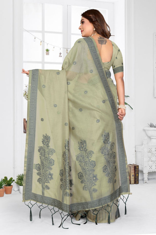 Green Woven Cotton Saree (ACB1549)