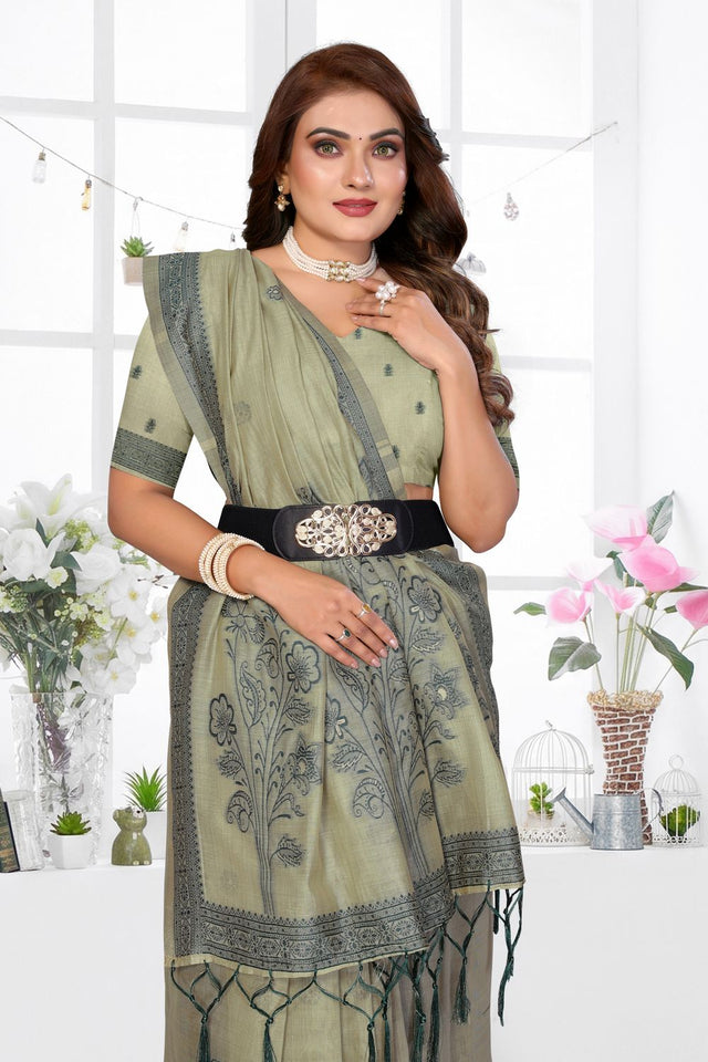 Green Woven Cotton Saree (ACB1549)