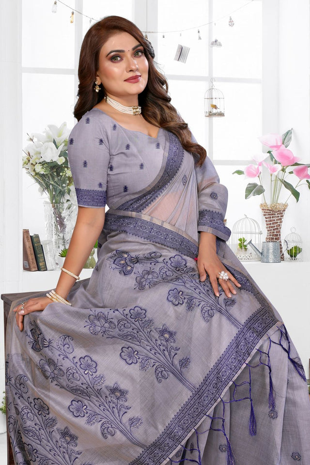 Grey Woven Cotton Saree (ACB1550)