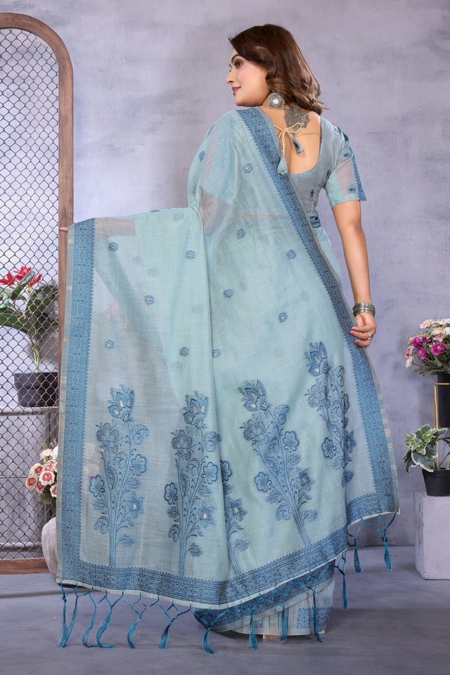 Sea-Green Woven Cotton Saree (ACB1551)