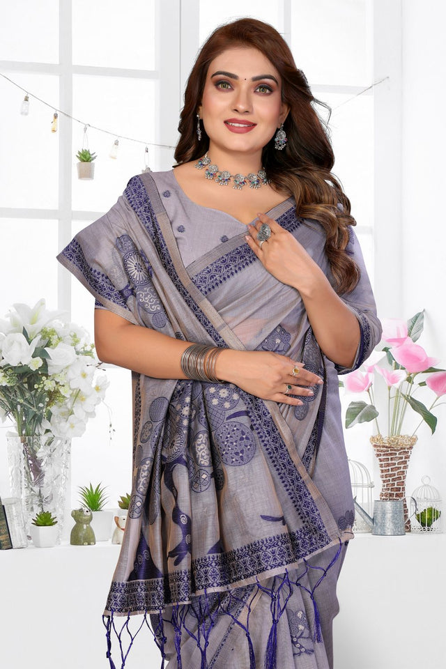 Grey Woven Cotton Saree (ACB1568)