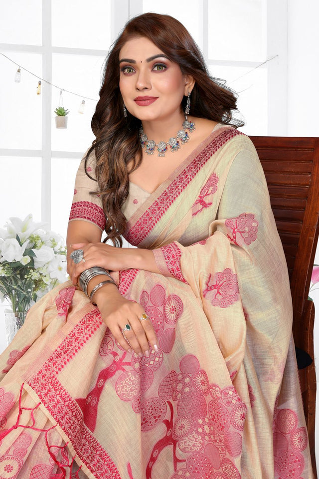 Cream Woven Cotton Saree (ACB1569)