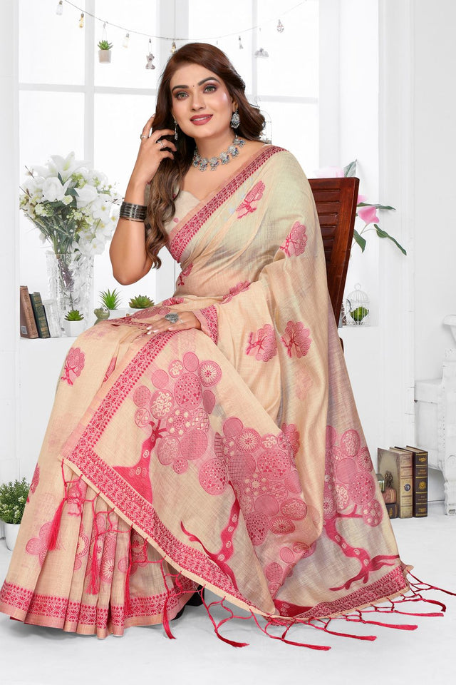 Cream Woven Cotton Saree (ACB1569)