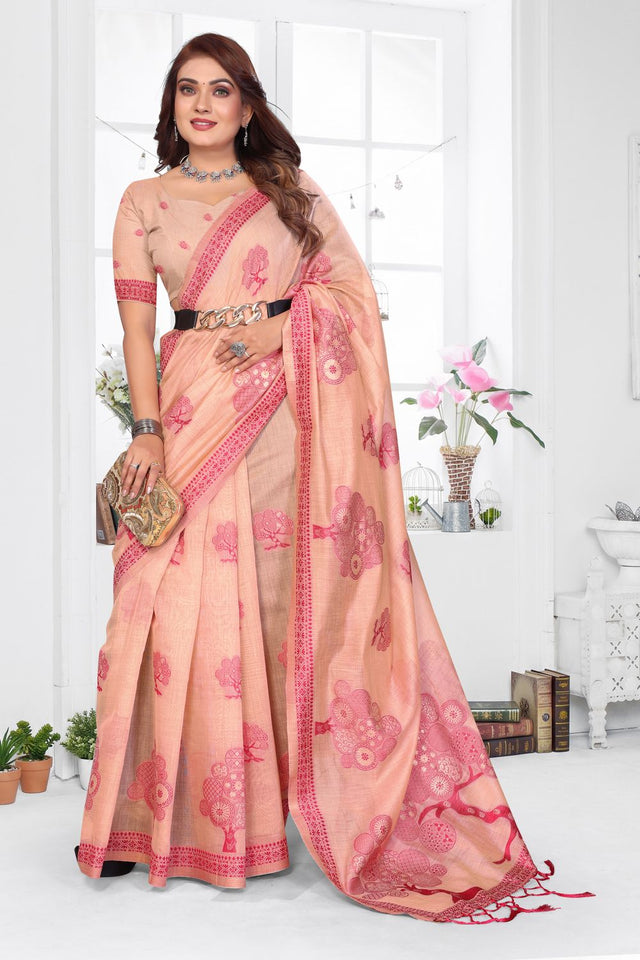Peach Woven Cotton Saree (ACB1570)