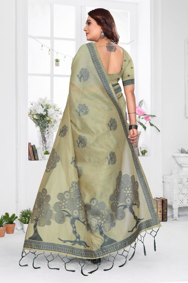 Green Woven Cotton Saree (ACB1571)