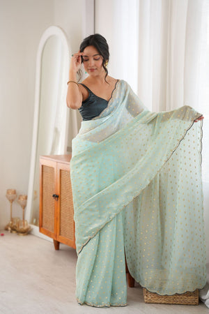 Sea Green Woven with Beads Embossed Satin Saree (ACB1574)