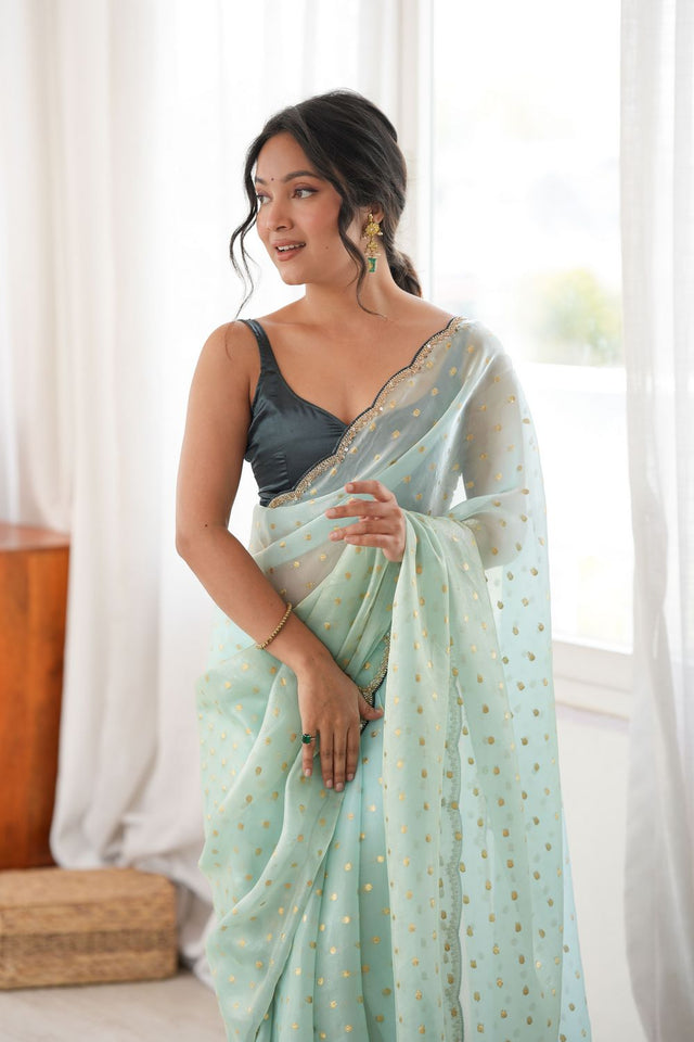 Sea Green Woven with Beads Embossed Satin Saree (ACB1574)