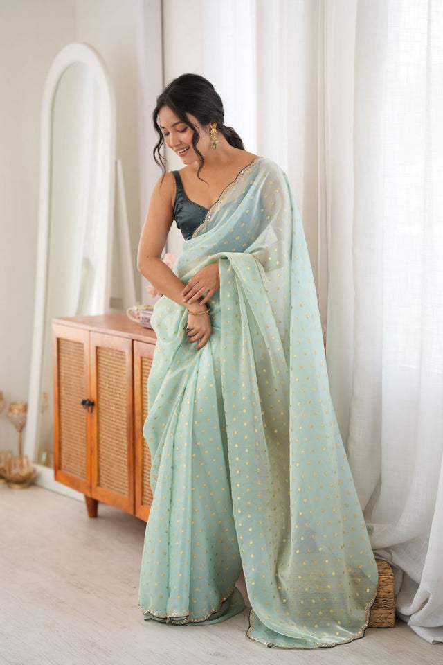 Sea Green Woven with Beads Embossed Satin Saree (ACB1574)
