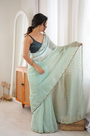 Sea Green Woven with Beads Embossed Satin Saree (ACB1574)