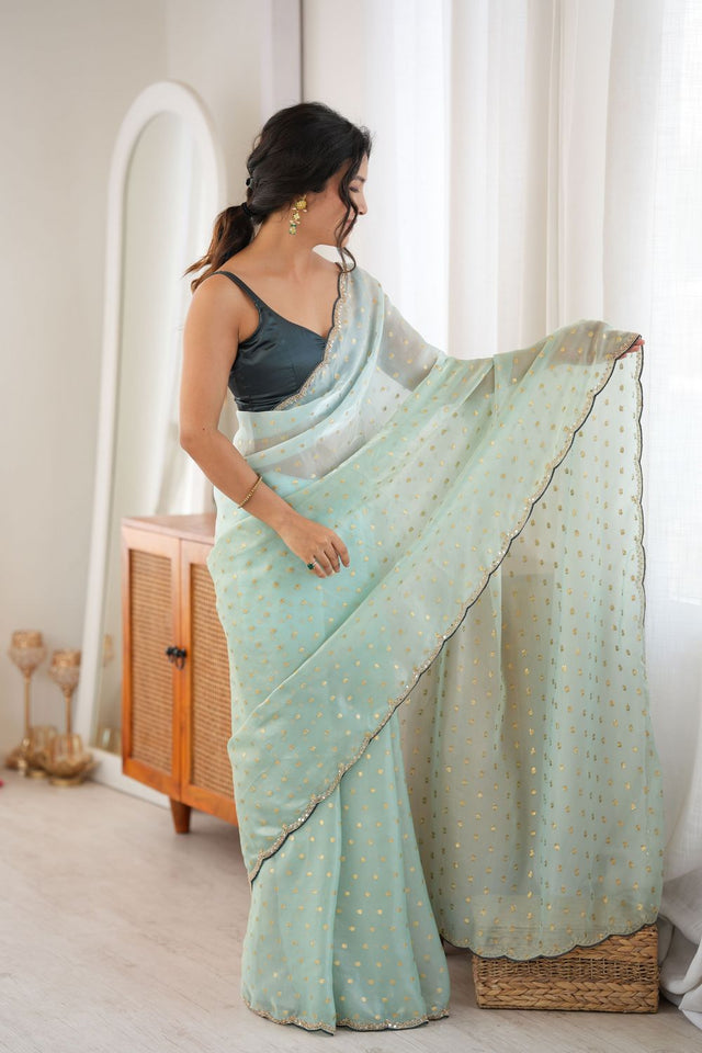 Sea Green Woven with Beads Embossed Satin Saree (ACB1574)