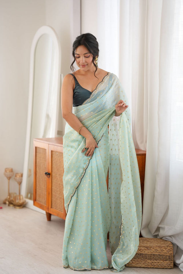 Sea Green Woven with Beads Embossed Satin Saree (ACB1574)