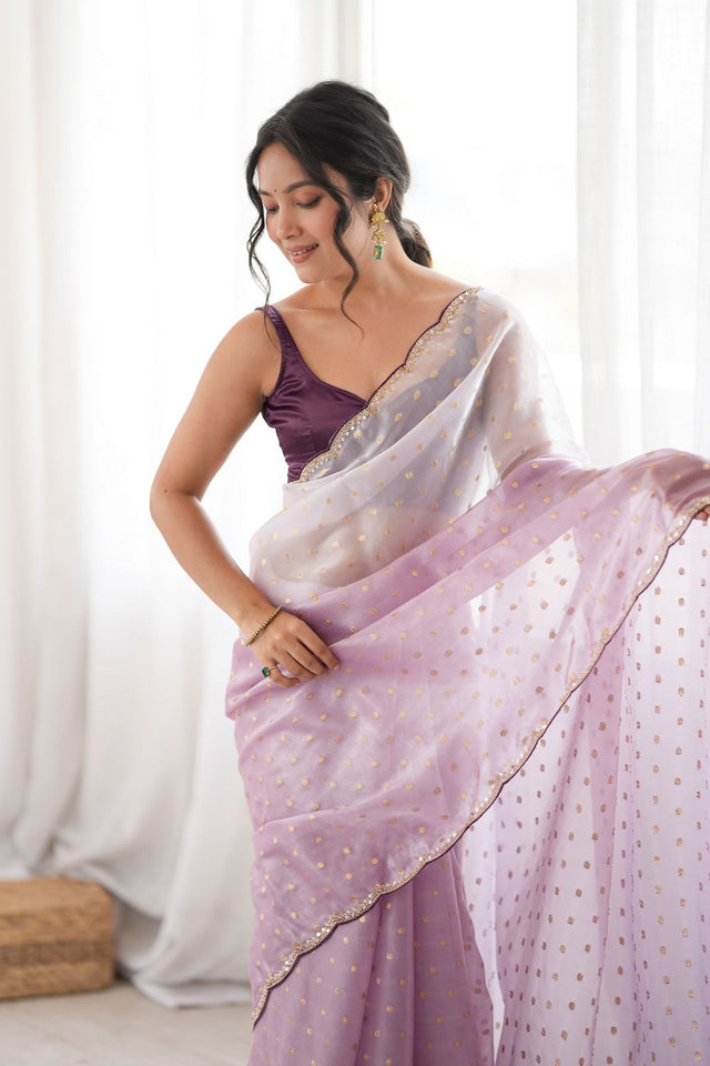 Lavender Woven with Beads Embossed Satin Saree (ACB1575)