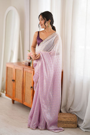 Lavender Woven with Beads Embossed Satin Saree (ACB1575)