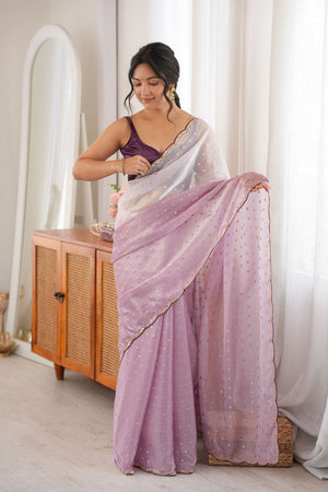 Lavender Woven with Beads Embossed Satin Saree (ACB1575)