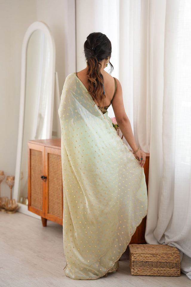 Mehendi Woven with Beads Embossed Satin Saree (ACB1576)