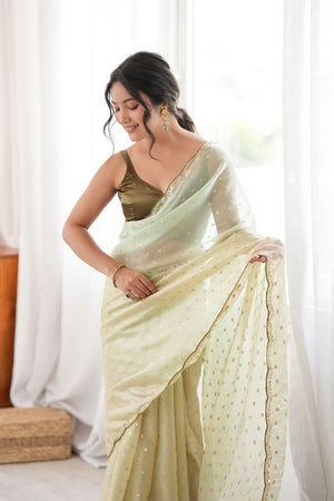 Mehendi Woven with Beads Embossed Satin Saree (ACB1576)
