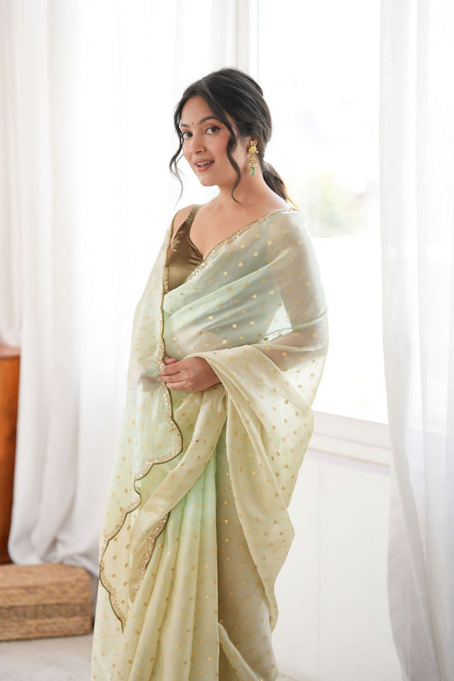 Mehendi Woven with Beads Embossed Satin Saree (ACB1576)