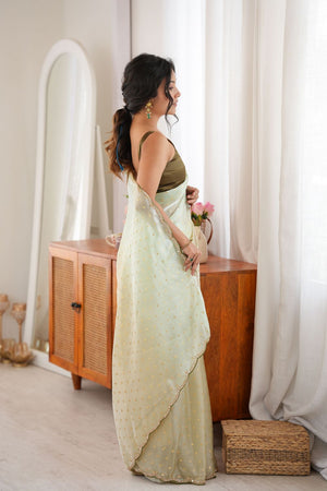 Mehendi Woven with Beads Embossed Satin Saree (ACB1576)