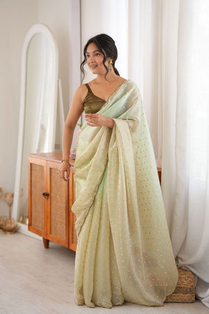 Mehendi Woven with Beads Embossed Satin Saree (ACB1576)