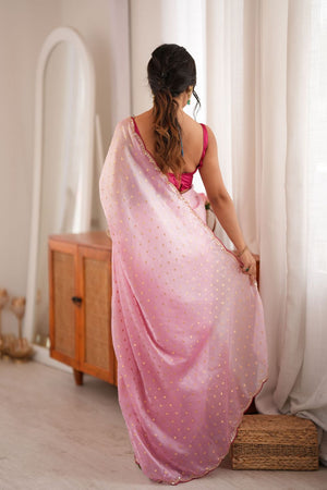 Pink Woven with Beads Embossed Satin Saree (ACB1577)