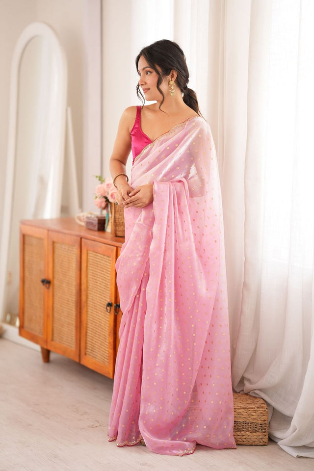 Pink Woven with Beads Embossed Satin Saree (ACB1577)