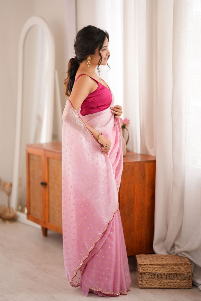 Pink Woven with Beads Embossed Satin Saree (ACB1577)