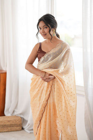 Yellow Woven with Beads Embossed Satin Saree (ACB1578)