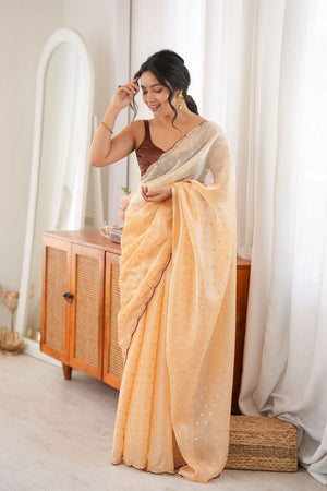 Yellow Woven with Beads Embossed Satin Saree (ACB1578)