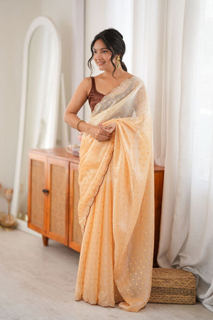 Yellow Woven with Beads Embossed Satin Saree (ACB1578)