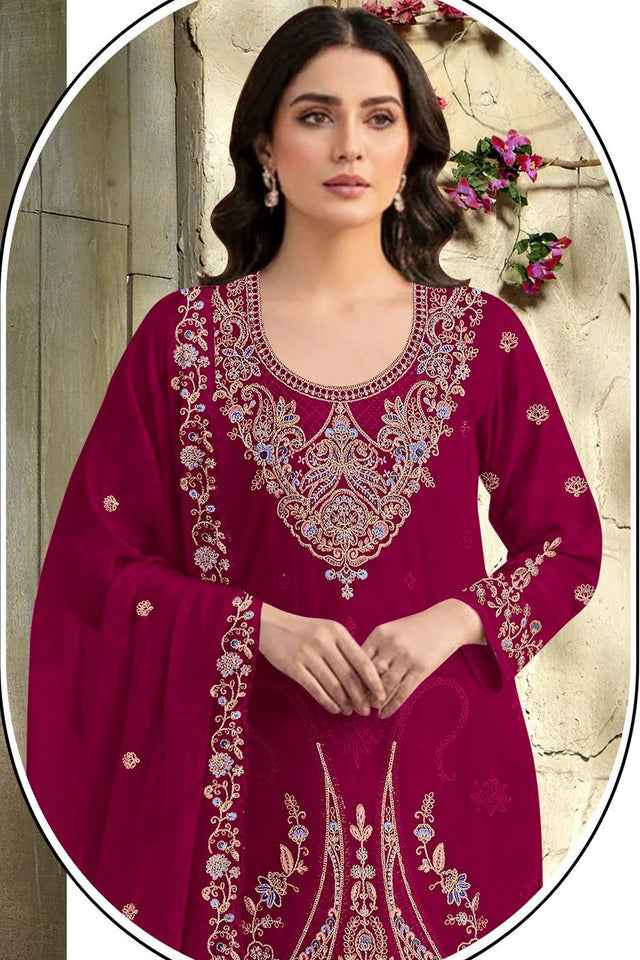 Magenta Floral Embroidered Velvet Straight Cut Suit (ACB1579)