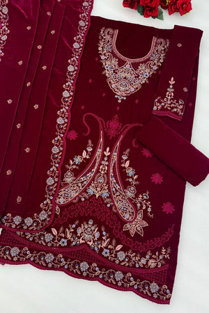 Magenta Floral Embroidered Velvet Straight Cut Suit (ACB1579)