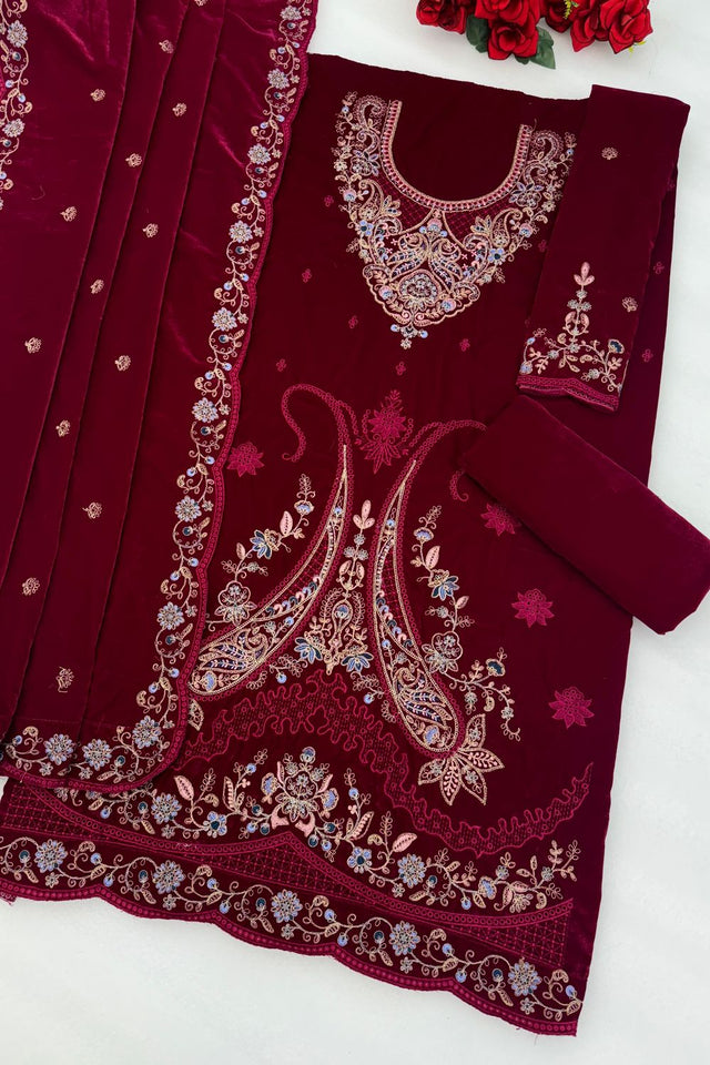 Magenta Floral Embroidered Velvet Straight Cut Suit (ACB1579)