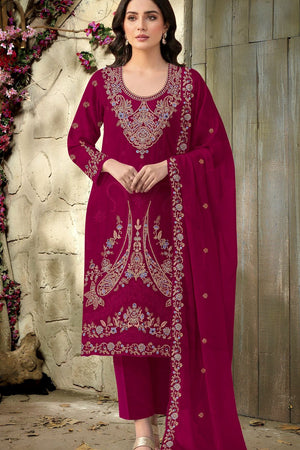 Magenta Floral Embroidered Velvet Straight Cut Suit (ACB1579)