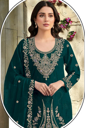 Turquoise Floral Embroidered Velvet Straight Cut Suit (ACB1580)