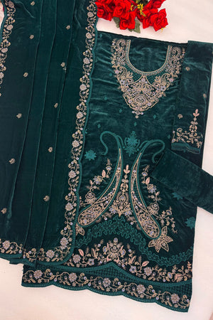 Turquoise Floral Embroidered Velvet Straight Cut Suit (ACB1580)